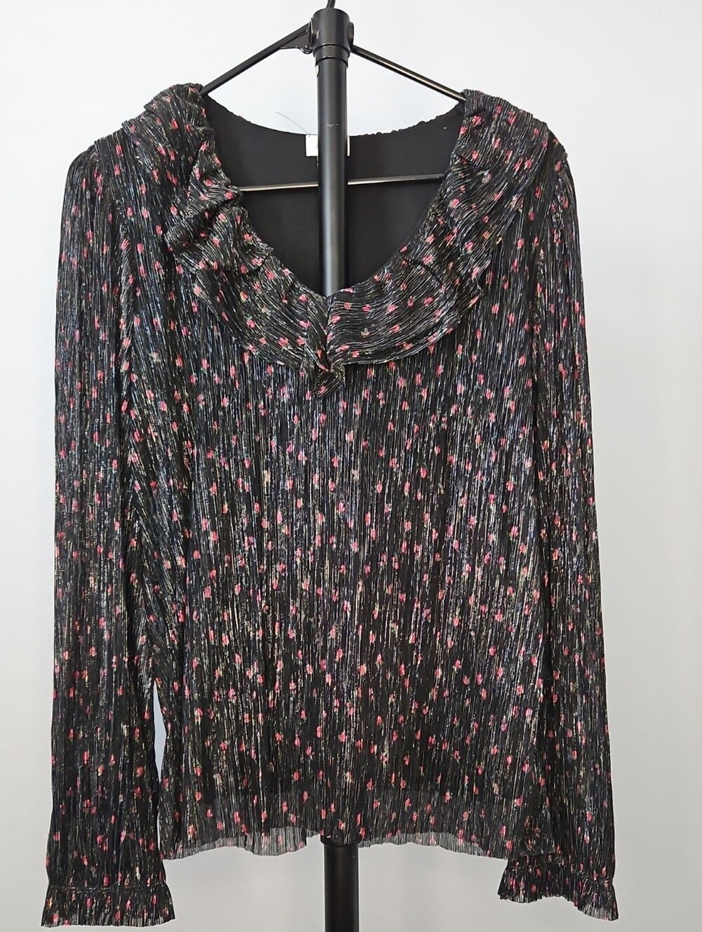 J. Crew Black Pleated Blouse with Pink Floral Print
